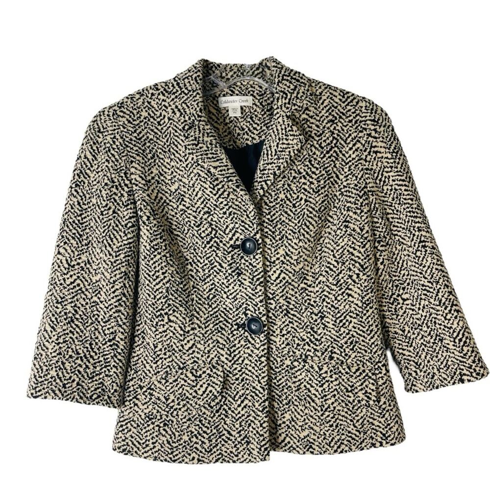 Coldwater Creek black tan knit stretchy button cropped preppy office blazer 4P